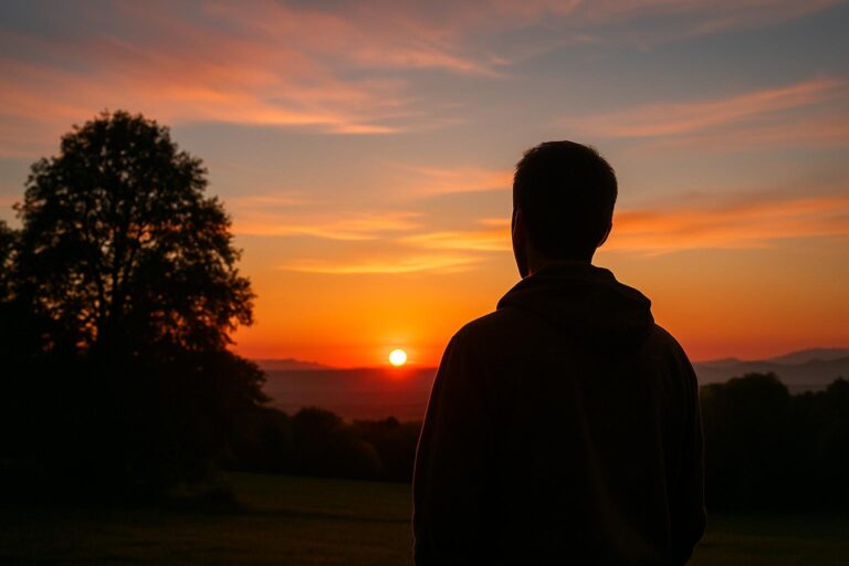 En man står i silhuett och blickar ut över en varm och färgstark solnedgång i ett lugnt landskap.
