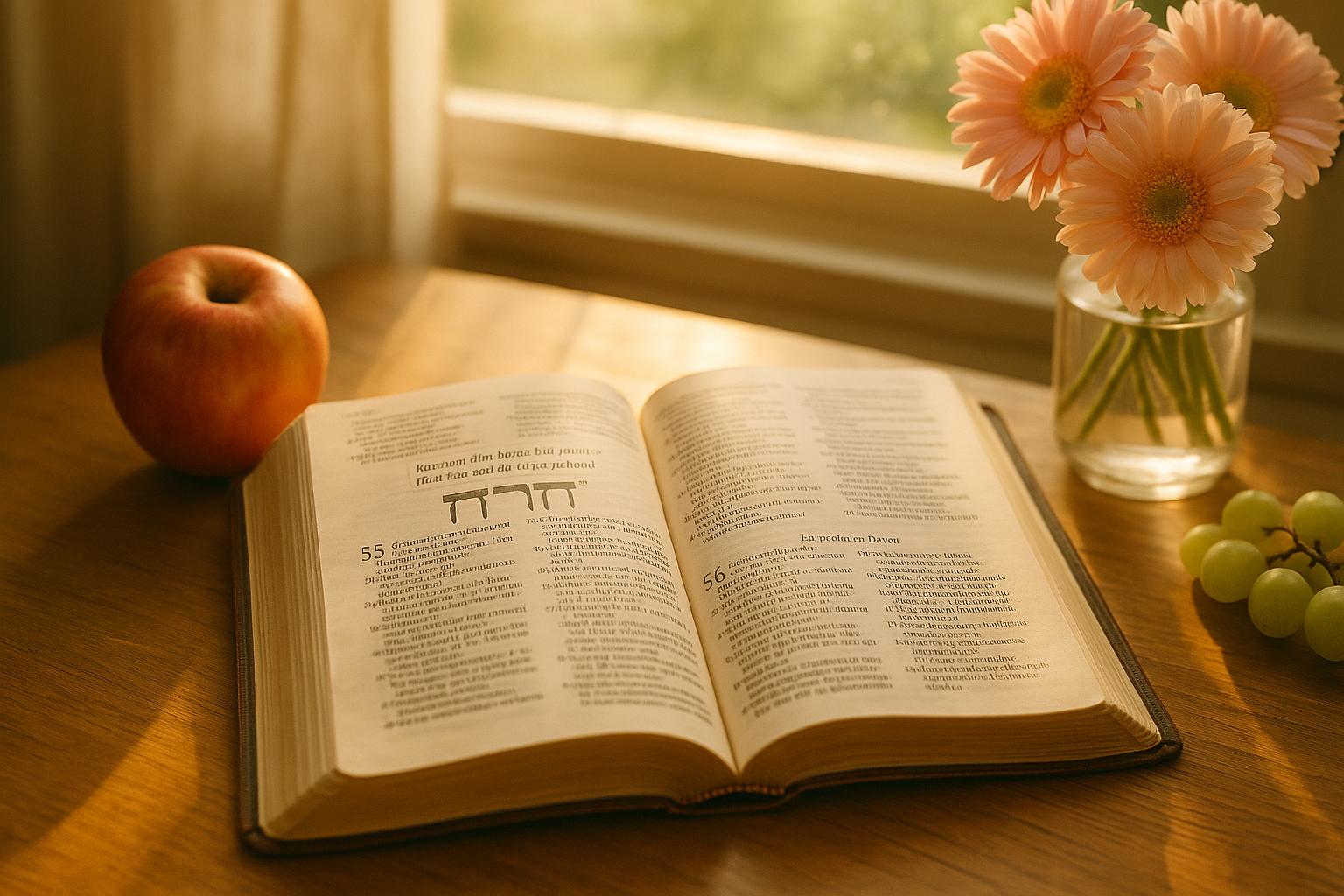 En öppen svensk bibel på ett träbord i soligt fönsterljus, omgiven av frukt och blommor.