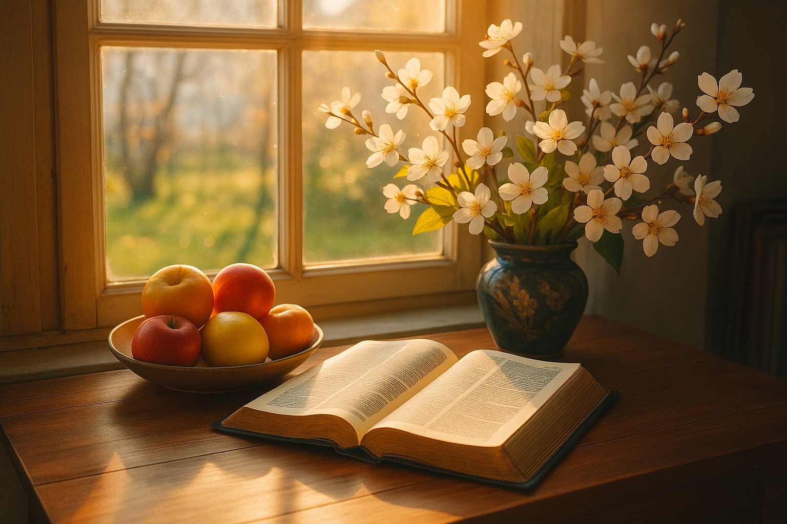 En öppen Bibel på ett träbord vid ett solbelyst fönster, med frukter och blomvas – en stillsam plats för andakt och reflektion.