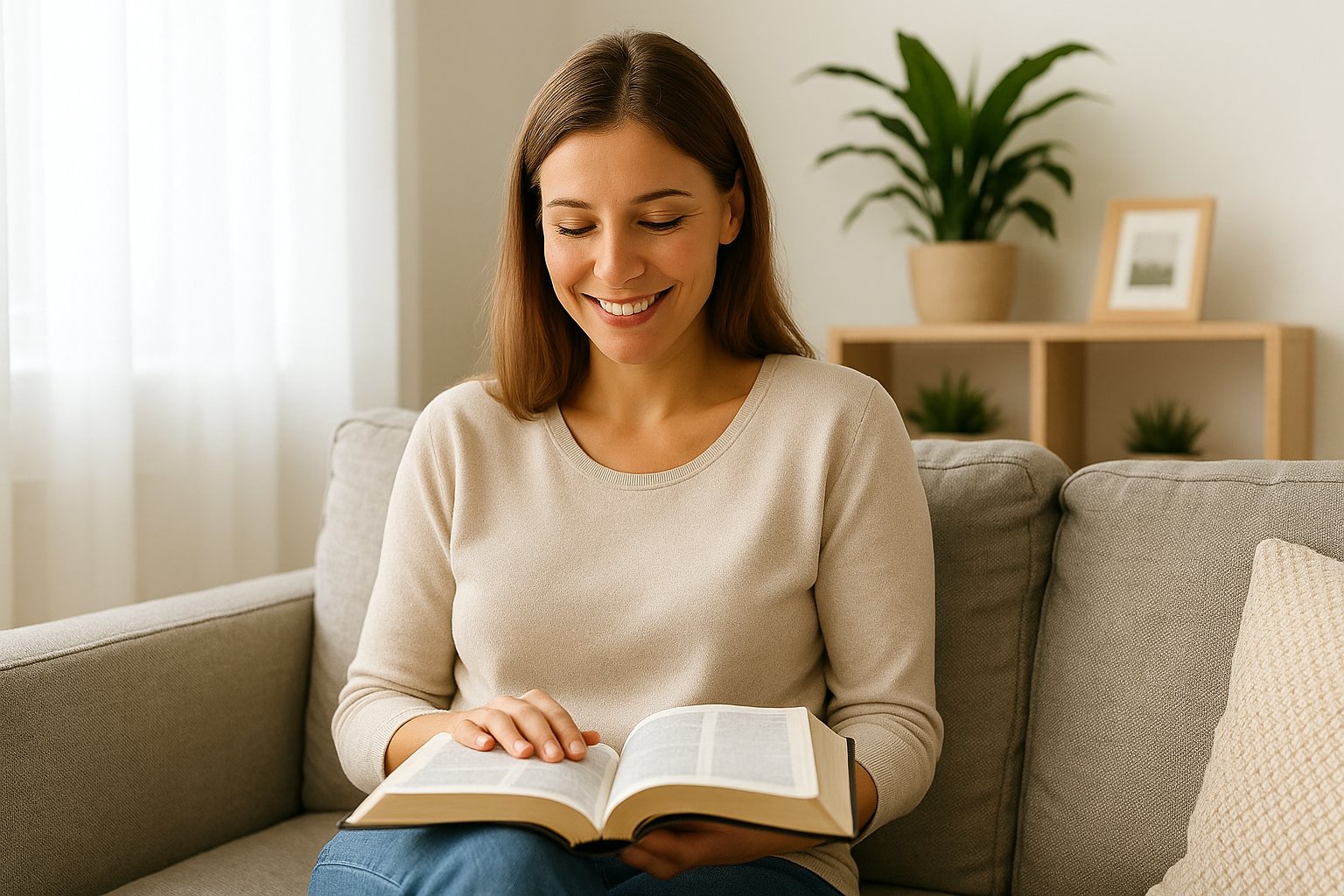 Kvinna i vardagsrum läser Bibeln och reflekterar – en symbol för personlig närhet till Gud