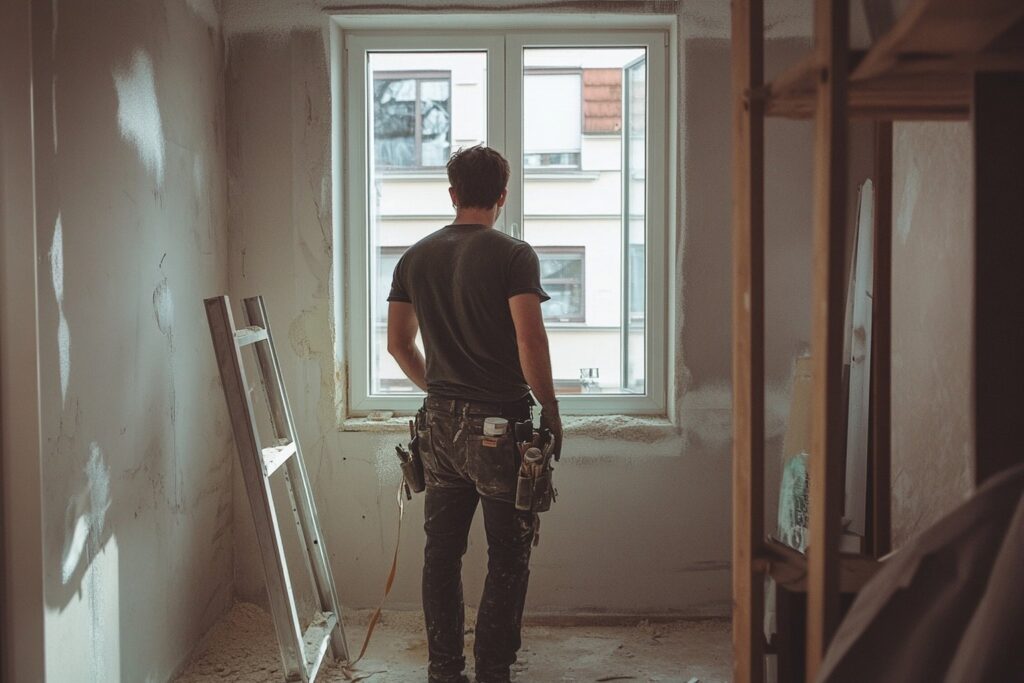 En man står i ett halvfärdigt rum och tittar ut genom ett fönster, funderande, med verktygsbälte på sig.