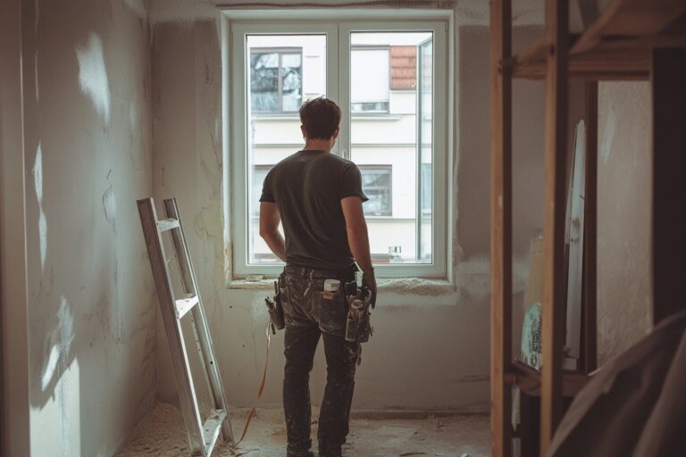 En man står i ett halvfärdigt rum och tittar ut genom ett fönster, funderande, med verktygsbälte på sig.