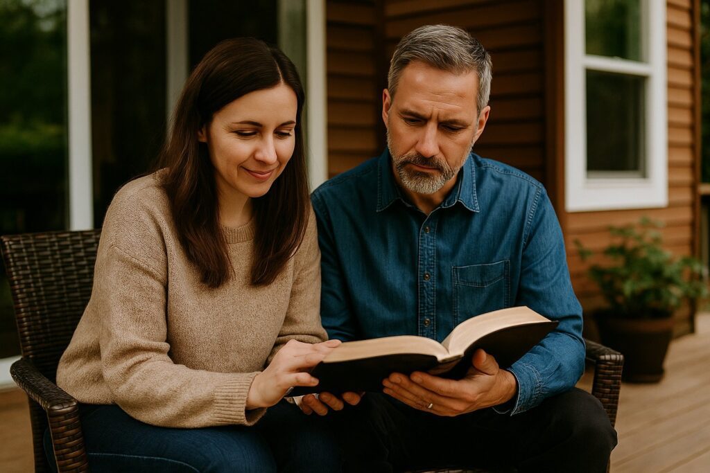 Gift par läser i Bibeln tillsammans på altanen i kvällsljus