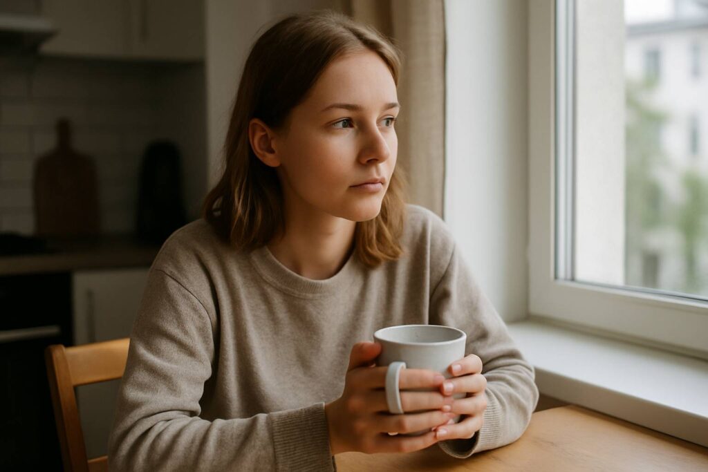 Ung europeisk kvinna sitter vid köksbordet i dagsljus och reflekterar lugnt med en kopp kaffe i handen.