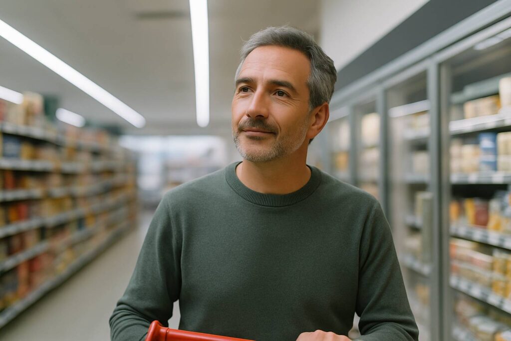 Medelålders man i matvaruaffär står stilla med eftertänksam blick i naturligt dagsljus.