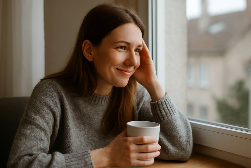 Ung europeisk kvinna sitter vid ett fönster i dagsljus och ler stilla medan hon håller en kopp.