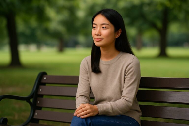 Ung asiatisk kvinna sitter lugnt på en bänk i en park i dagsljus och blickar utåt.