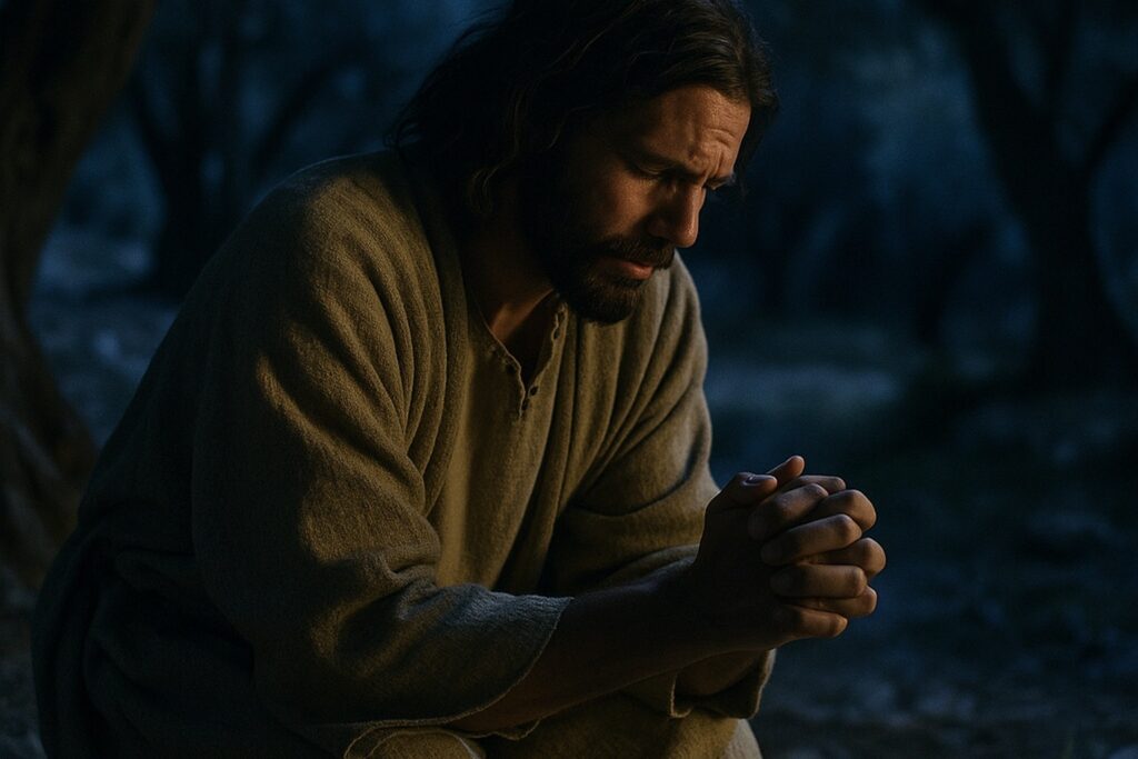 Jesus knäböjer i bön under natten i Getsemane-trädgården.