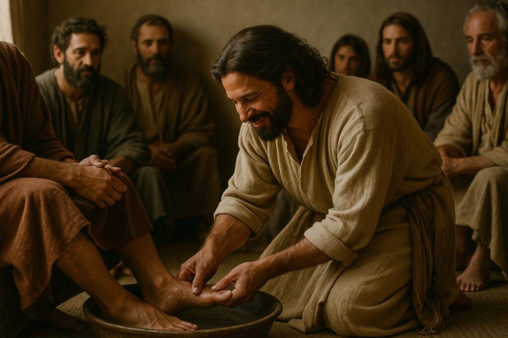 Jesus tvättar ödmjukt en lärjunges fötter.