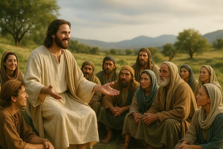 Jesus undervisar en grupp människor på en solig kulle.