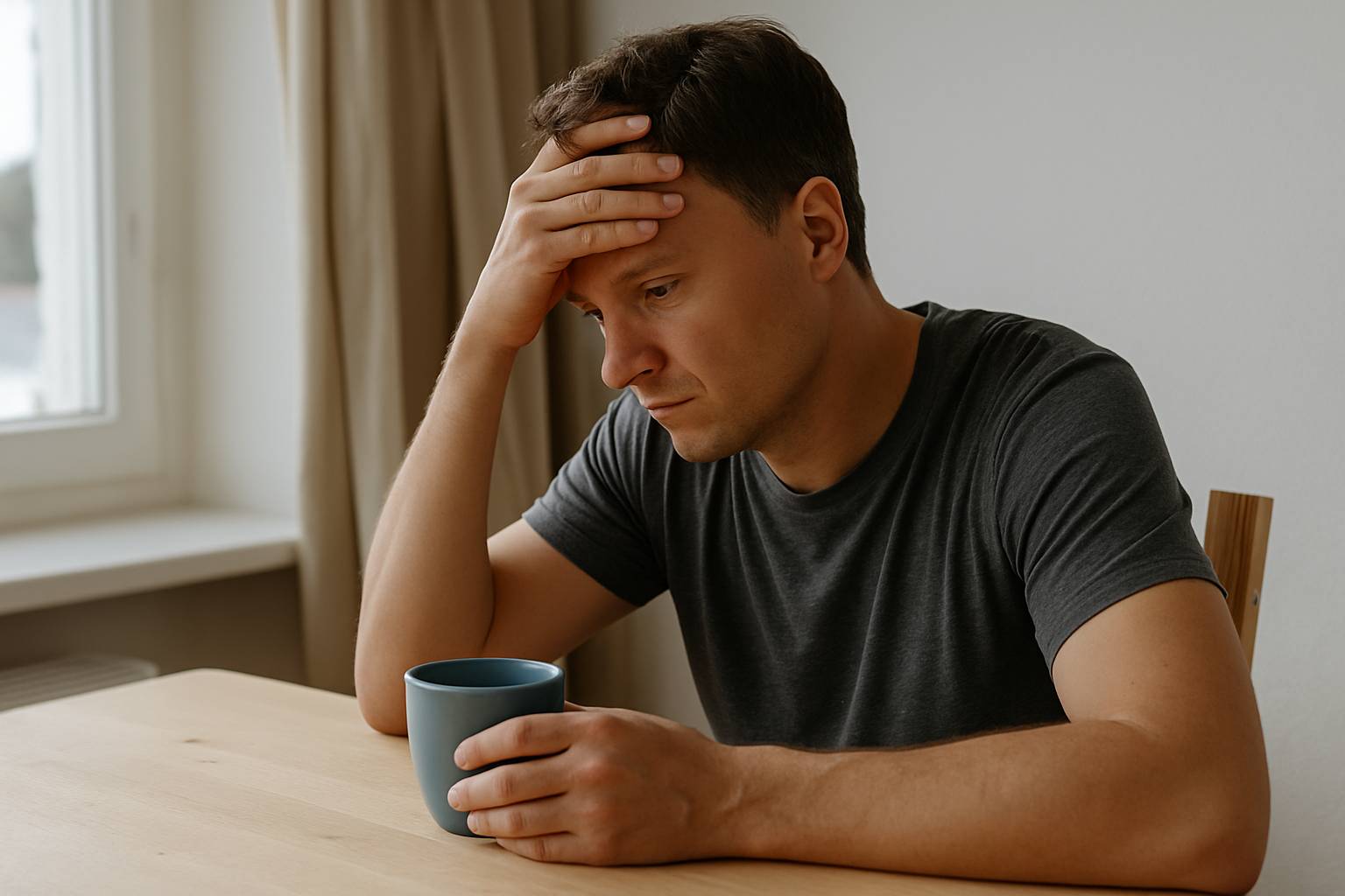 Ung europeisk man sitter vid köksbordet i dagsljus, håller en kopp och ser fundersam ut.