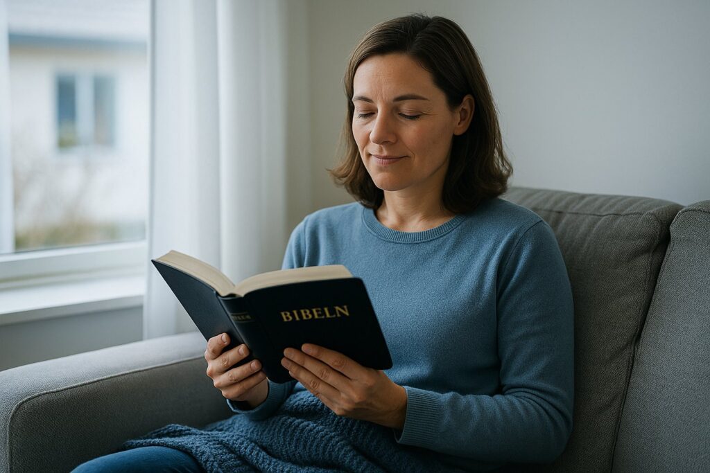 Kvinna läser Bibeln i hemmet och känner frid.