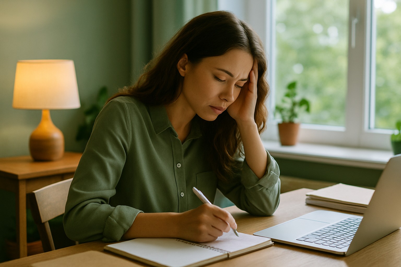 En ung kvinna sitter vid ett skrivbord i ett grönt rum, omgiven av mild belysning, och ser tankfull ut.