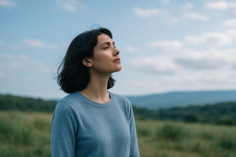 Ung kvinna blickar upp mot himlen i naturen.