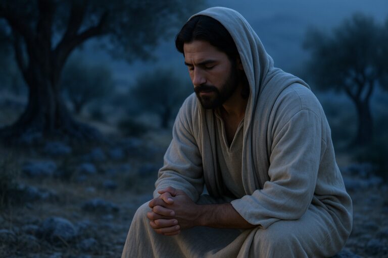 Jesus ber ensam i Getsemane-trädgården i gryningsljus.