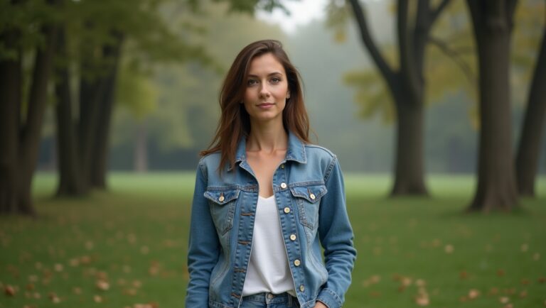 En kvinna i jeansjacka står lugnt i en park med höstlöv på marken.