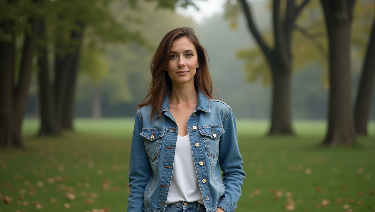 En kvinna i jeansjacka står lugnt i en park med höstlöv på marken.