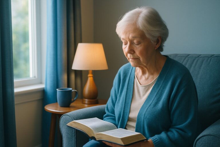 En äldre kvinna sitter vid ett fönster med en kopp te och mjukt ljus omkring sig. En lugn och stillsam atmosfär.