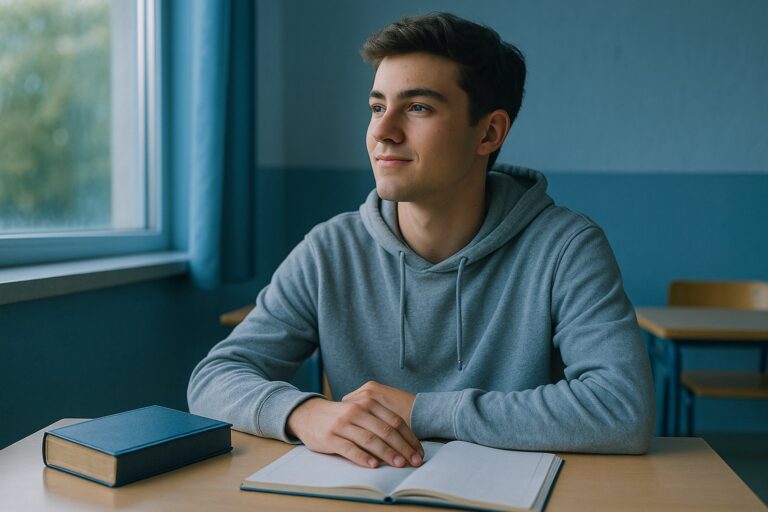Ung man sitter lugnt i klassrum med stärkt uttryck.
