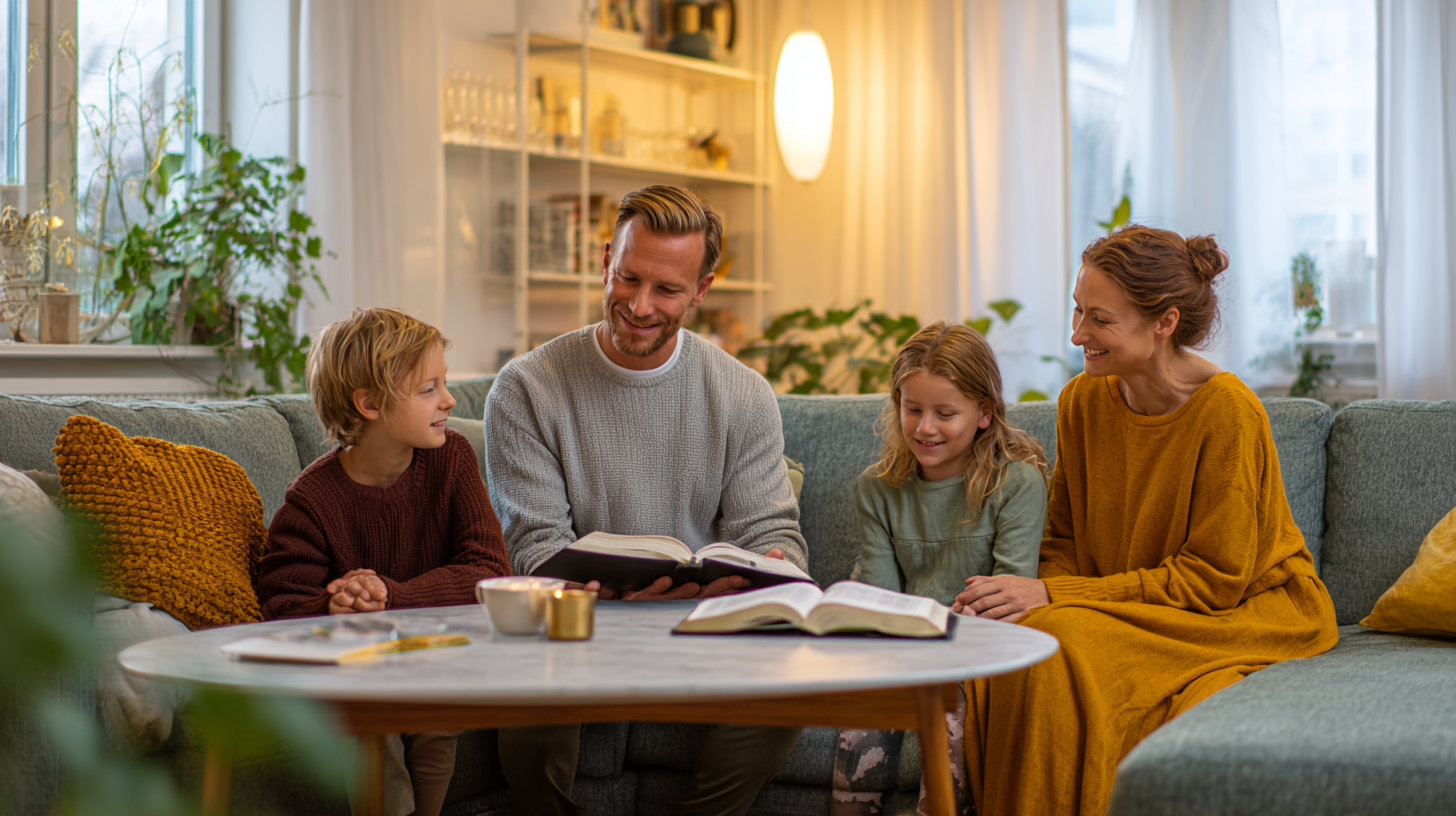 Familj samlad i vardagsrummet med en öppen Bibel.