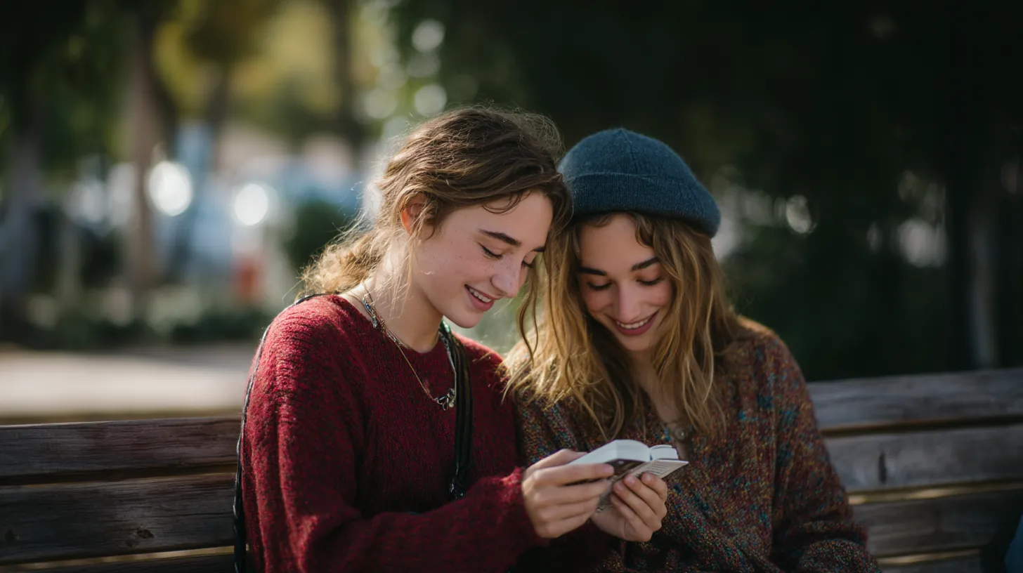 Två vänner läser en bok i parken – enkel bild som illustrerar Johannes 3:16.