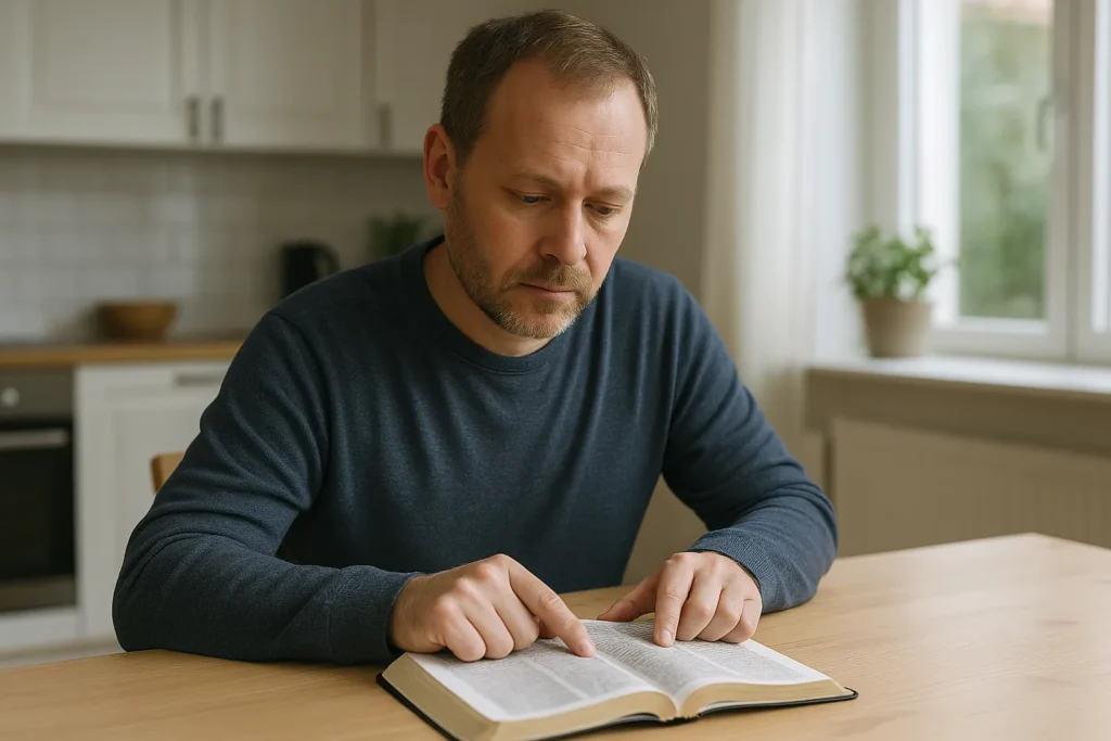 En svensk vuxen person sitter vid köksbordet och läser i Bibeln i dagsljus.