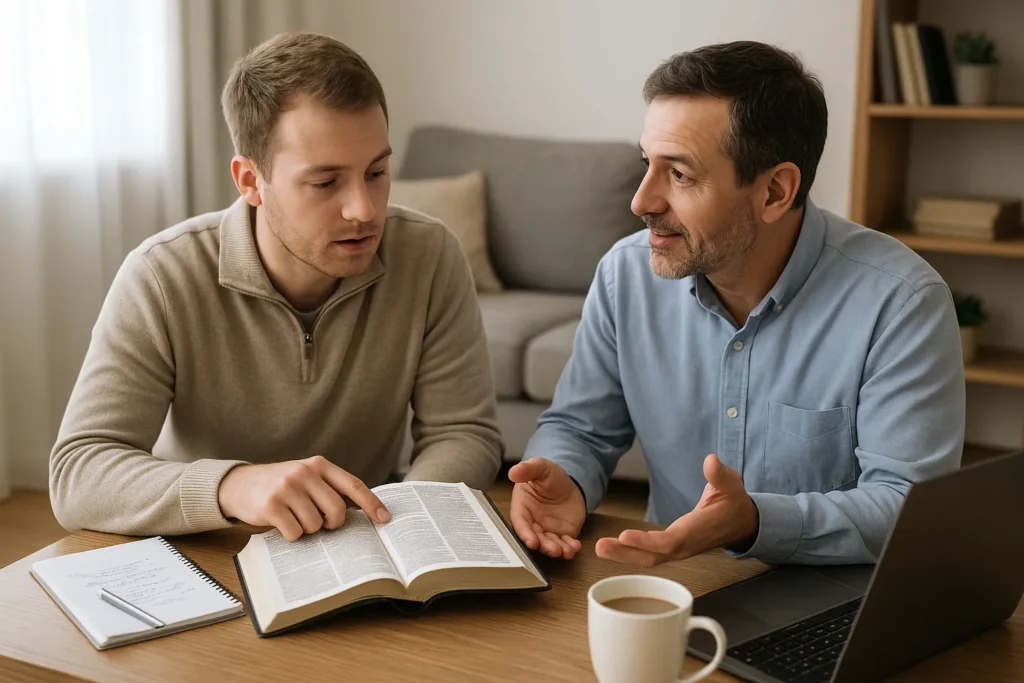 Två personer samtalar och studerar tillsammans med Bibeln och anteckningar på bordet.
