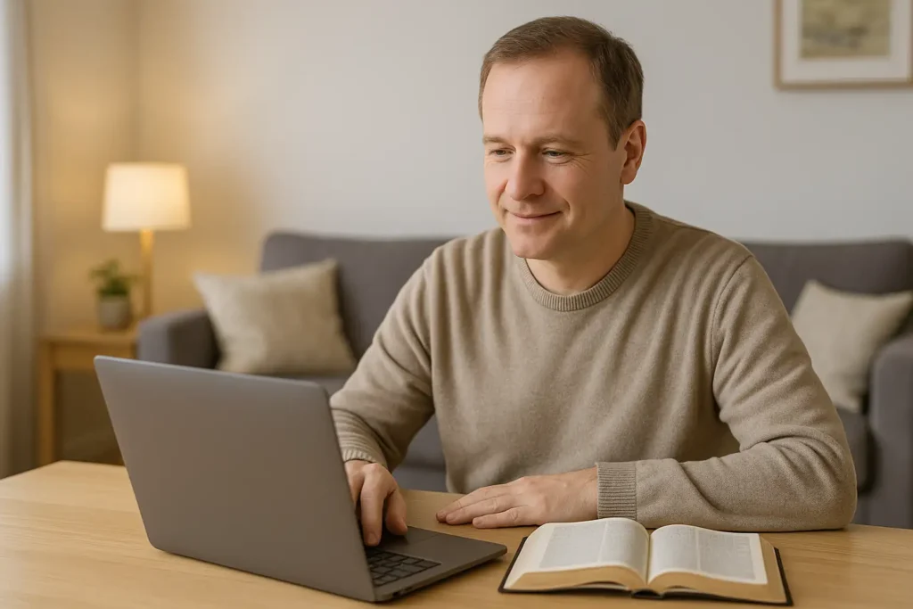 Person börjar en bibelkurs online utan förkunskaper, sitter vid datorn i lugn svensk hemmamiljö.