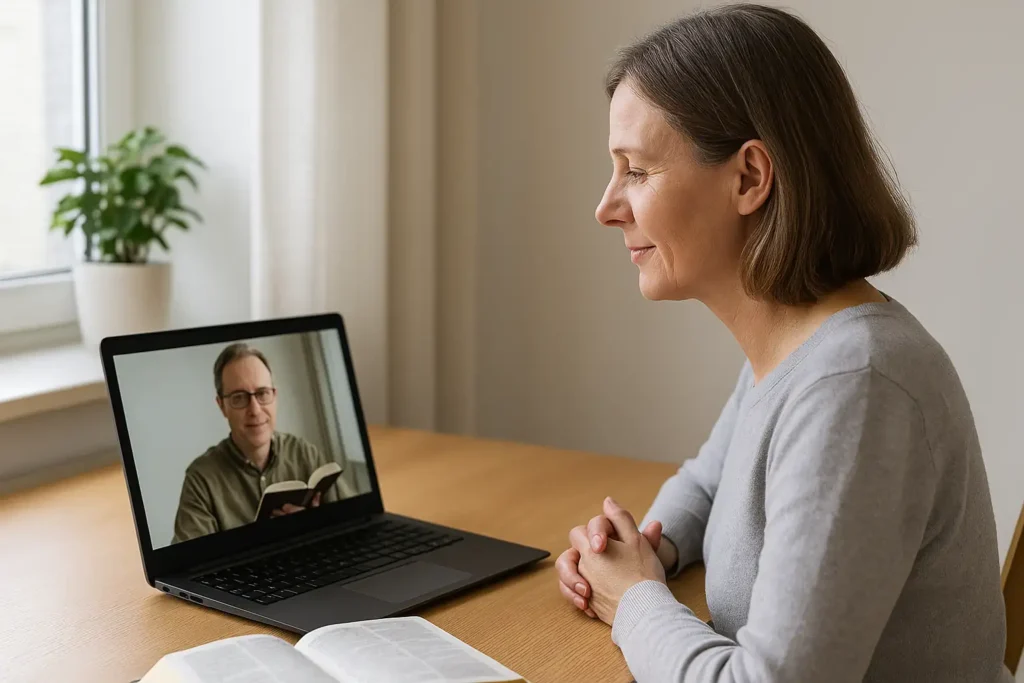 Två personer samtalar om bibelstudier via videosamtal på laptop