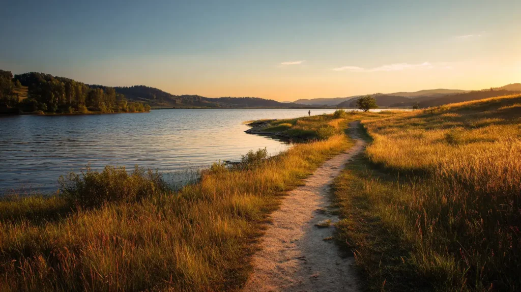 Stilla sjö i kvällsljus med gångstig – ro och riktning.