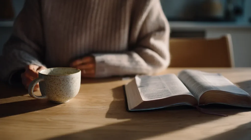 En person läser Bibeln vid köksbordet i morgonljus.