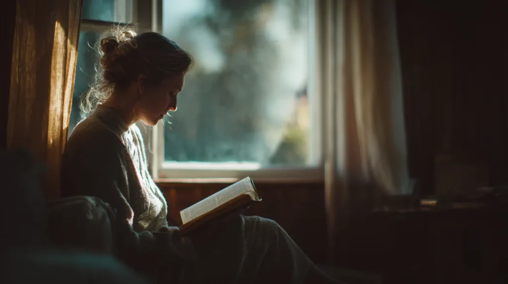 Kvinna läser Bibeln vid fönster i mjukt morgonljus