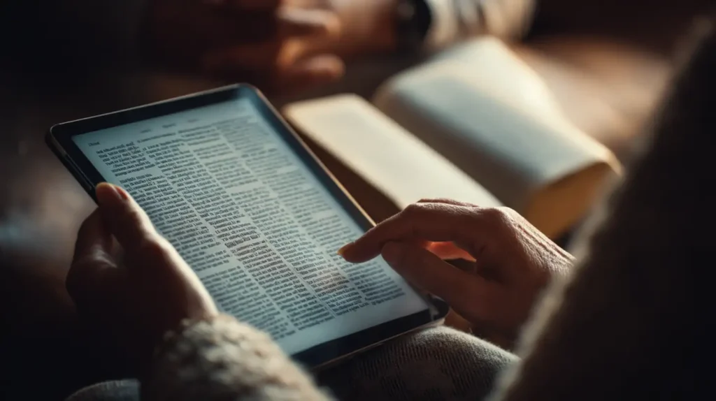 Två personer läser Bibeln tillsammans, både digitalt och i tryck.