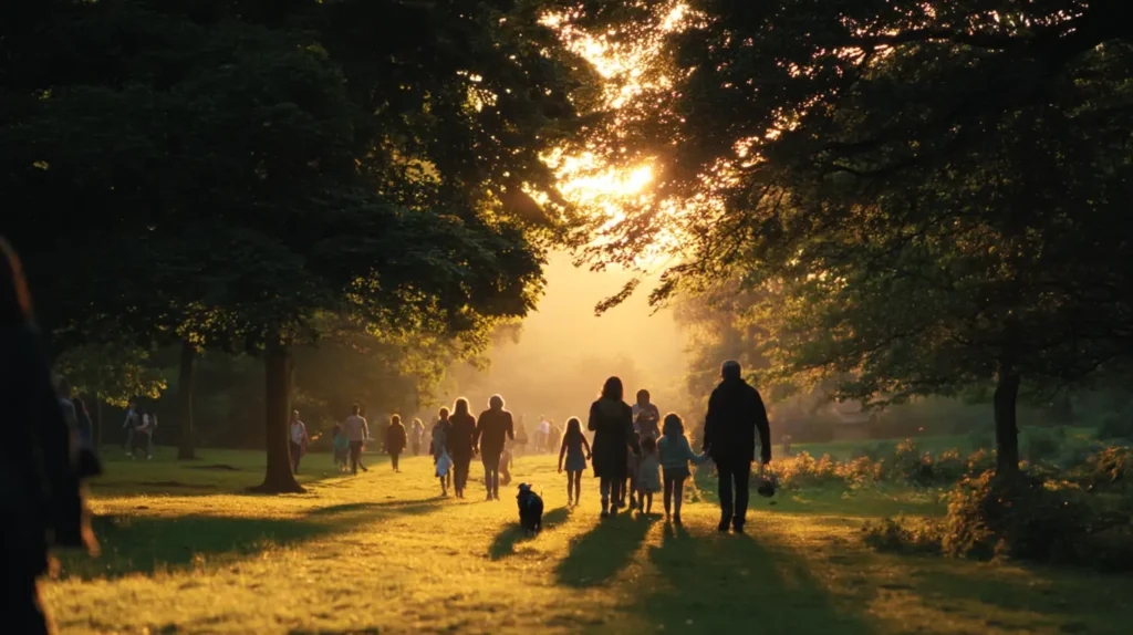 Familjer promenerar i grön park – symbol för livet under Guds rike.