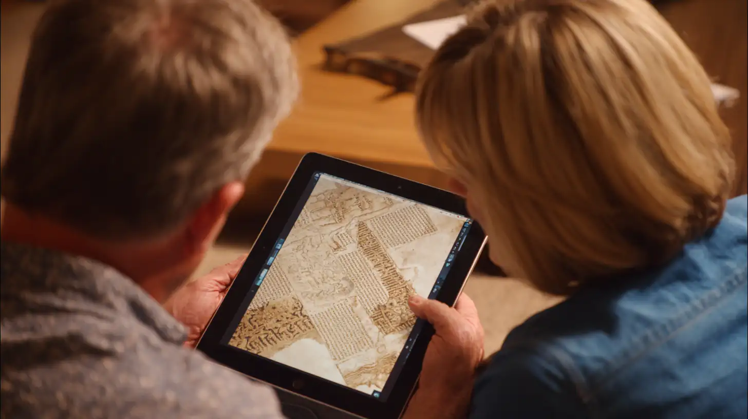 Två personer diskuterar bibelprofetior på surfplatta.