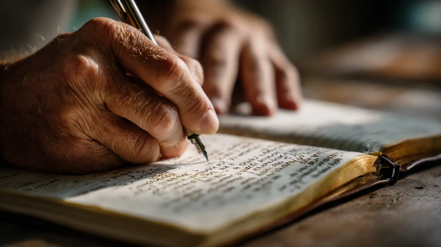Händer som skriver bibelvers om Guds löften i anteckningsbok.