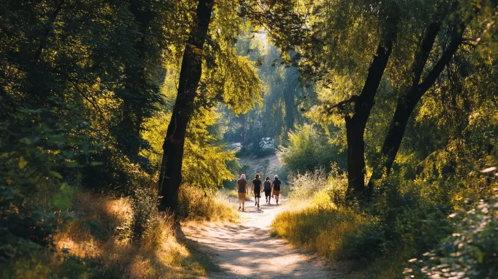 Människor promenerar lugnt på en solbelyst skogsstig.