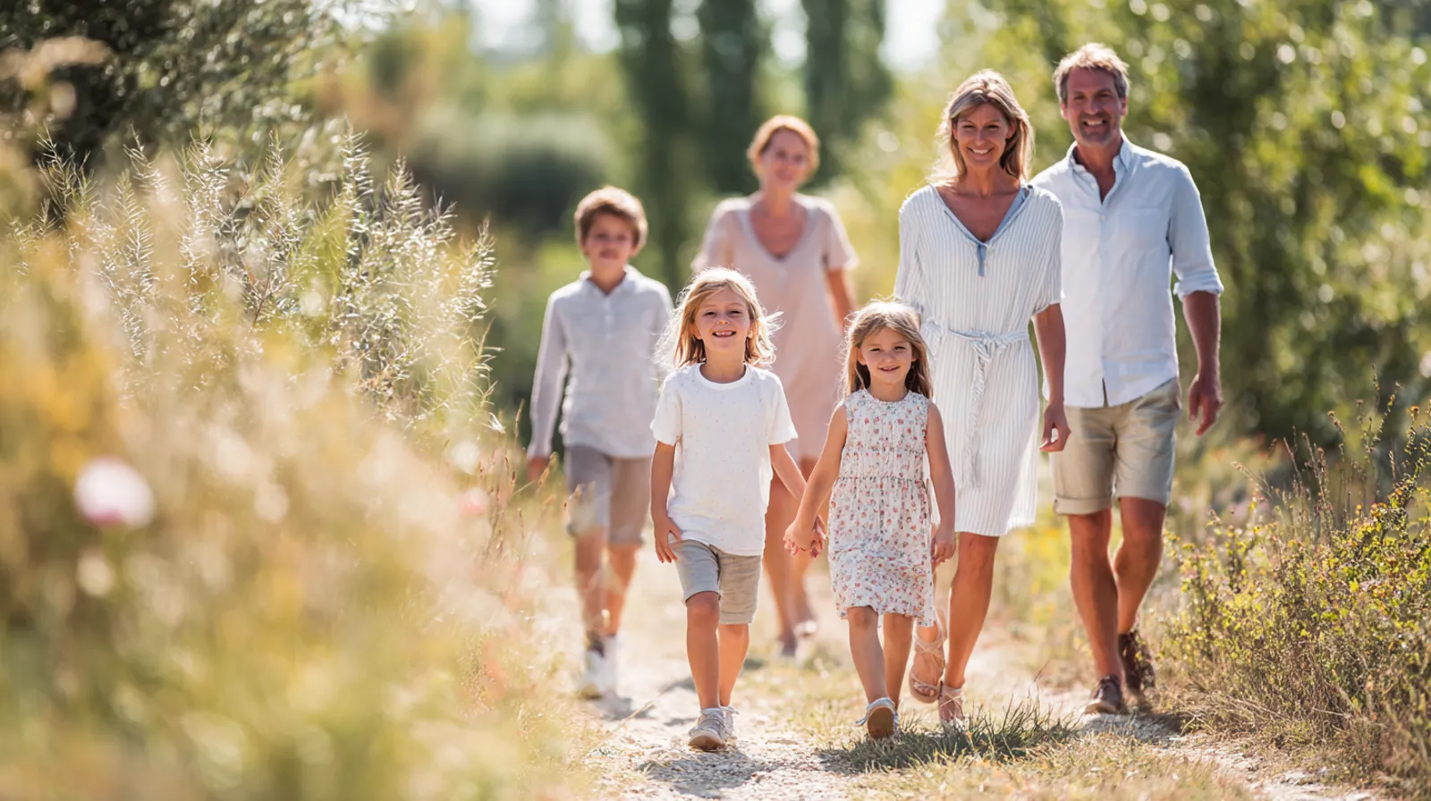 Familj promenerar ute i soligt väder med glada uttryck