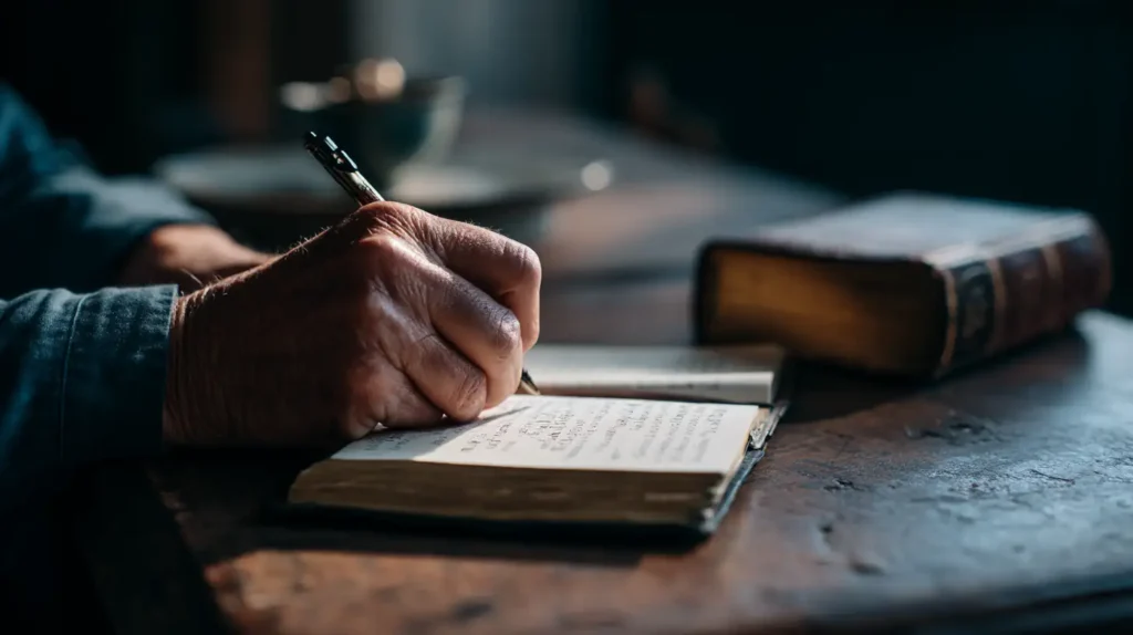 Händer som skriver ner en bön i en anteckningsbok.