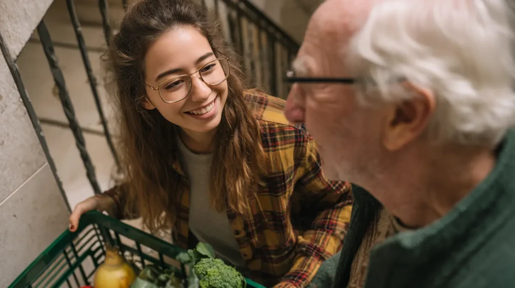 En ung kvinna hjälper en äldre man att handla mat.