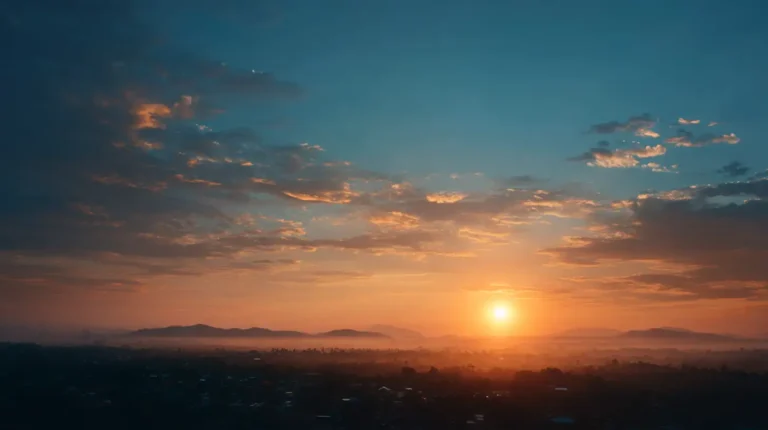 Soluppgång över stad och natur – symbol för Guds rike som för fred och harmoni.