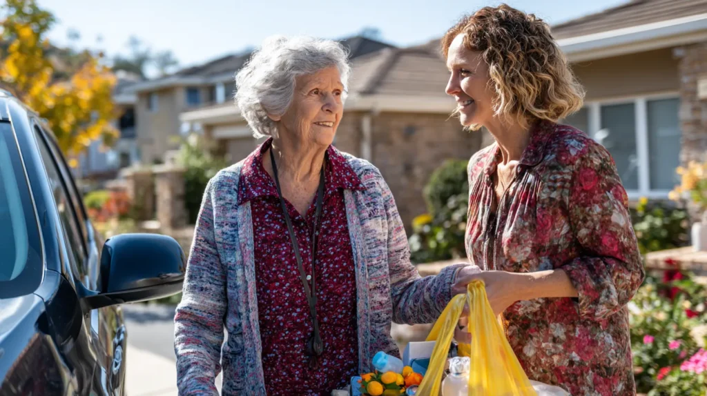 En kvinna hjälper sin granne att bära matvaror.