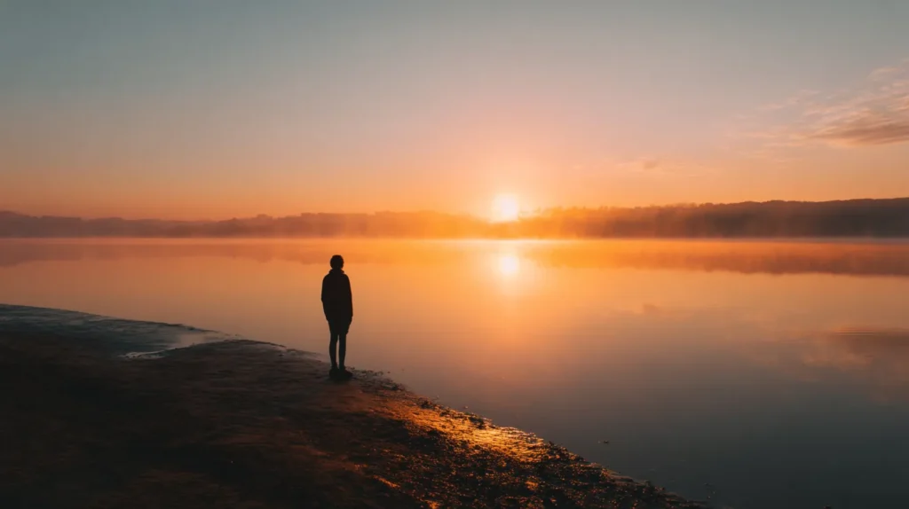 En person ser soluppgången och känner hopp inför framtiden.