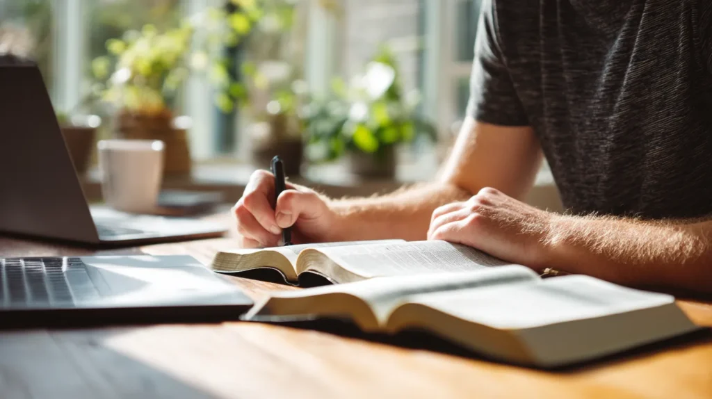 Person som studerar Bibeln hemma via gratis bibelkurs online.
