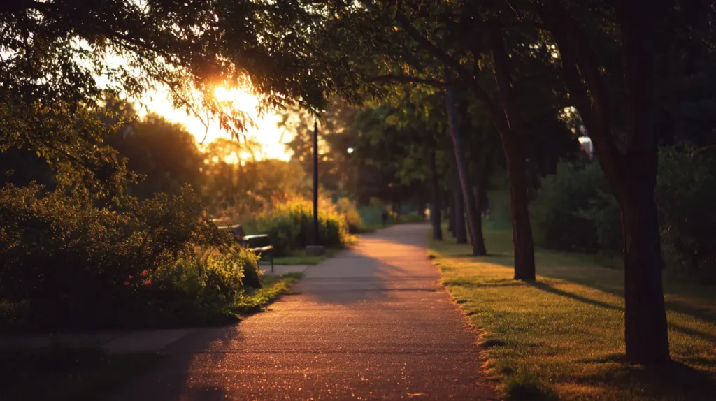 Soluppgång över en stilla parkstig – symbol för hopp.