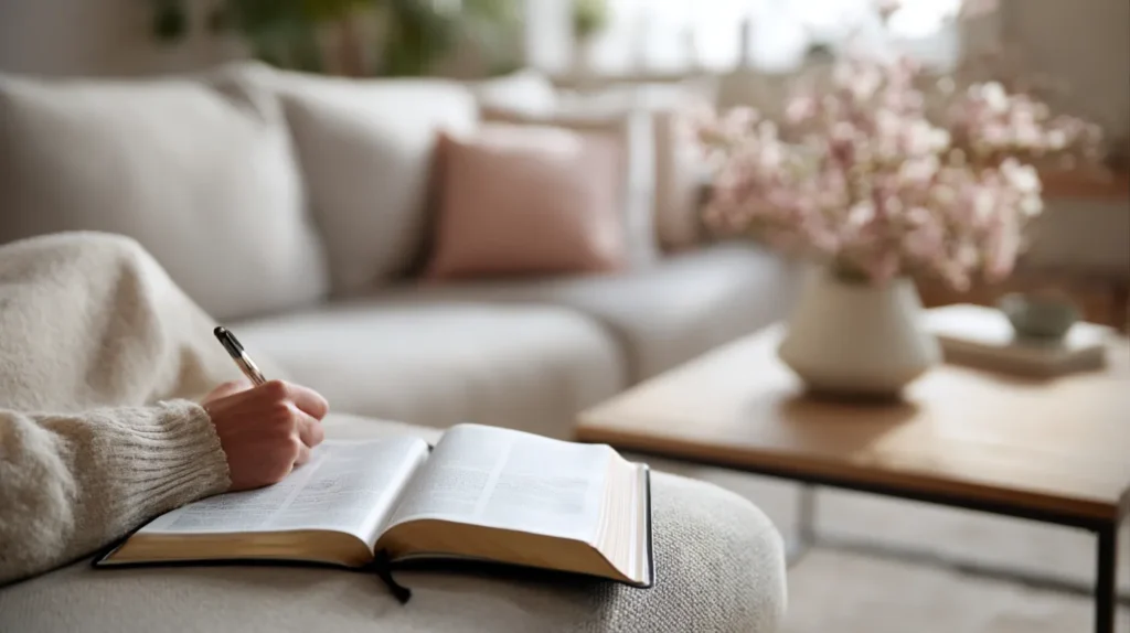 Person antecknar bredvid en öppen bibel i vardagsrummet.