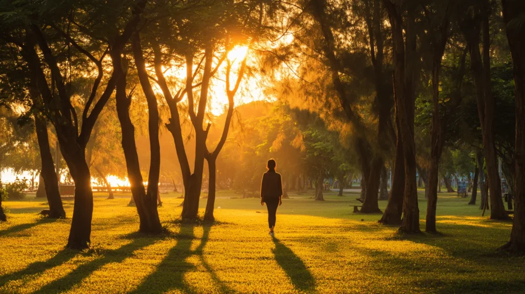 En person promenerar lugnt i parken i solnedgången.