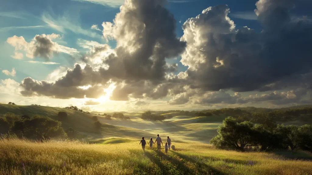 Människor promenerar i frid på grön jord i kvällsljus.