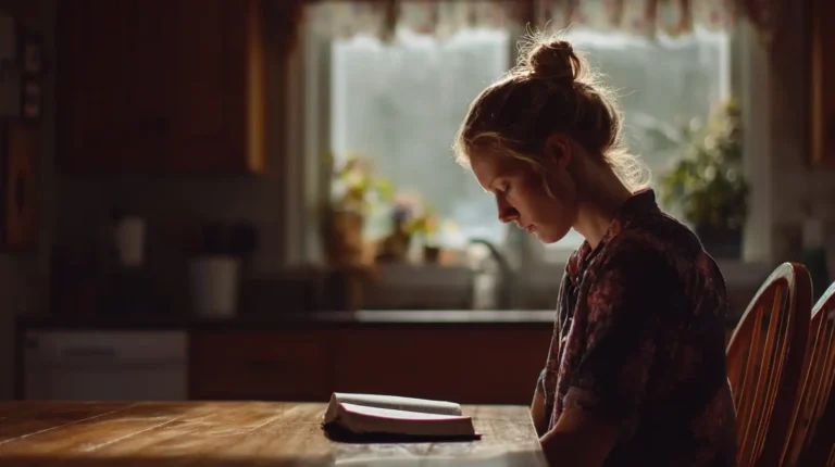 Person ber stilla vid köksbordet med öppen Bibel i mjukt morgonljus.