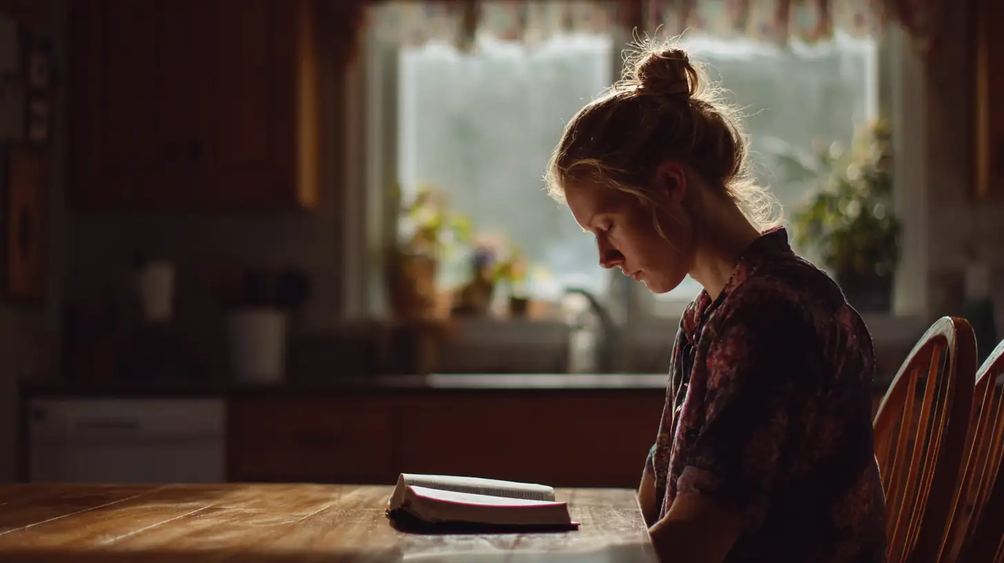 Person ber stilla vid köksbordet med öppen Bibel i mjukt morgonljus.